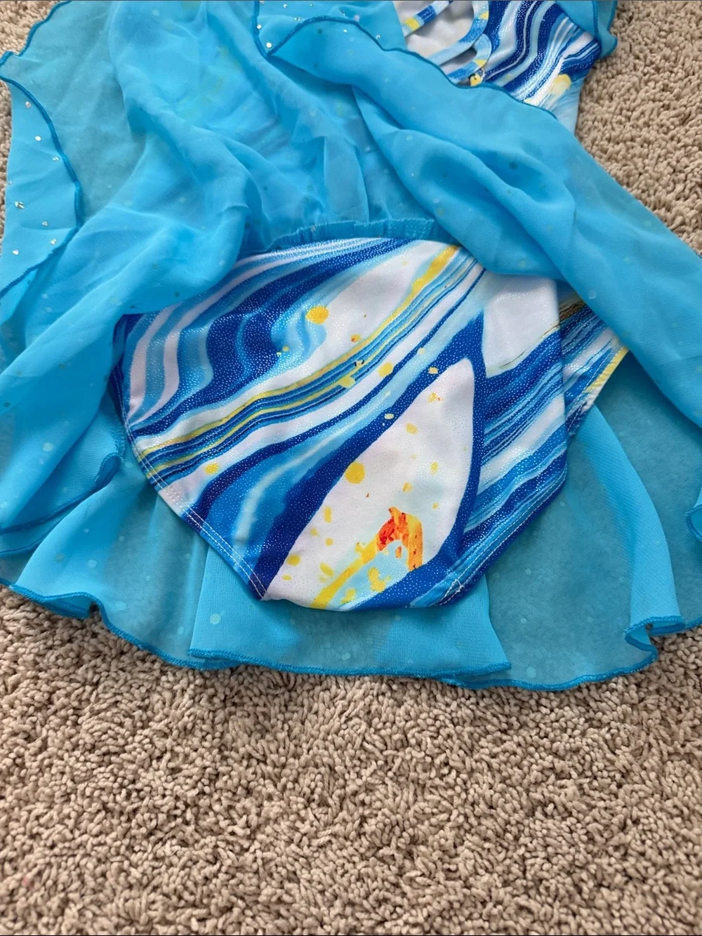 Amazon Arshiner size 130 Aqua Marble Print Dance Costume with Sparkle Leo Skirt
